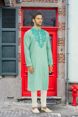 Pista green art silk embroidered kurta churidar for men's indian traditional ethnic wear 2