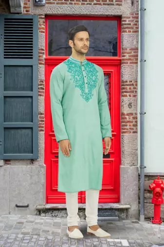Pista green art silk embroidered kurta churidar for men's indian traditional ethnic wear