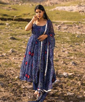 Navy Blue Chiffon Bandhani Floral Printed Sleeveless Plus Size Kurti Set   1