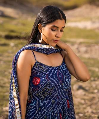 Navy Blue Chiffon Bandhani Floral Printed Sleeveless Plus Size Kurti Set   2