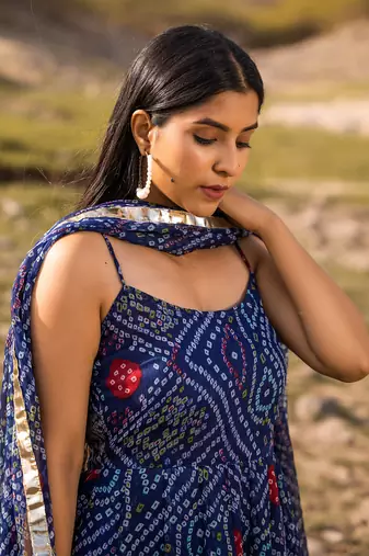 Navy Blue Chiffon Bandhani Floral Printed Sleeveless Plus Size Kurti Set  
