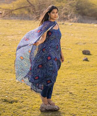 Navy Blue Chiffon Bandhani Floral Printed Sleeveless Plus Size Kurti Set   3