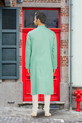 Pista green art silk embroidered kurta churidar for men's indian traditional ethnic wear 3