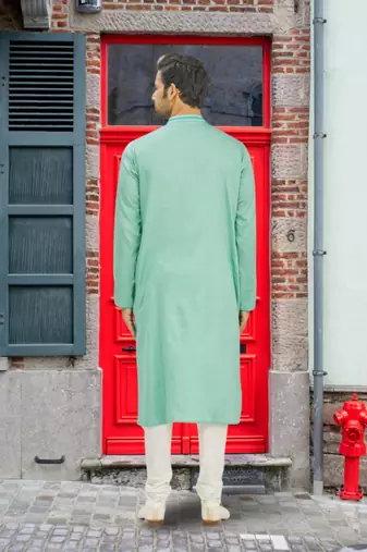 Pista green art silk embroidered kurta churidar for men's indian traditional ethnic wear