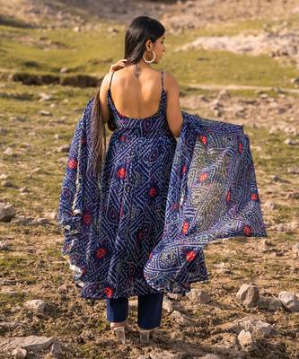 Navy Blue Chiffon Bandhani Floral Printed Sleeveless Plus Size Kurti Set   4