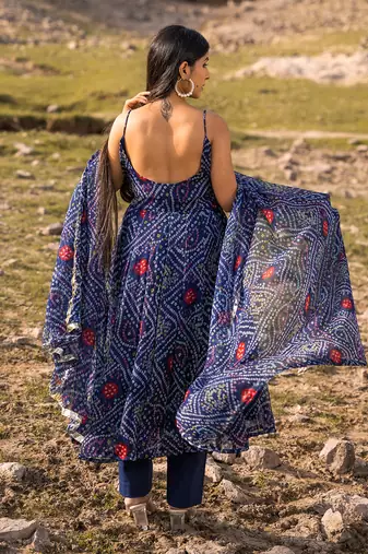 Navy Blue Chiffon Bandhani Floral Printed Sleeveless Plus Size Kurti Set  