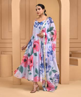 White floral printed chiffon suit set 1