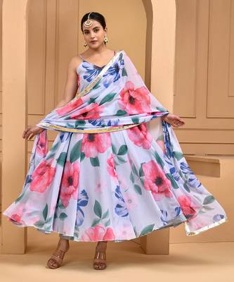 White floral printed chiffon suit set 2