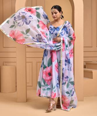 White floral printed chiffon suit set 3