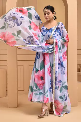 White floral printed chiffon suit set
