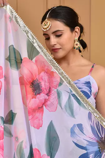 White floral printed chiffon suit set