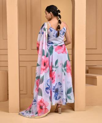 White floral printed chiffon suit set 5