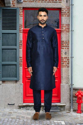 Navy blue art silk solid kurta churidar for men's indian traditional ethnic wear 1