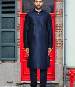 Navy blue art silk solid kurta churidar for men's indian traditional ethnic wear