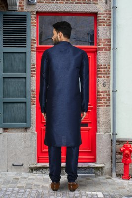 Navy blue art silk solid kurta churidar for men's indian traditional ethnic wear 2