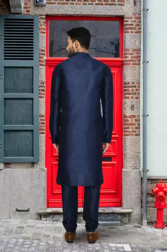 Navy blue art silk solid kurta churidar for men's indian traditional ethnic wear