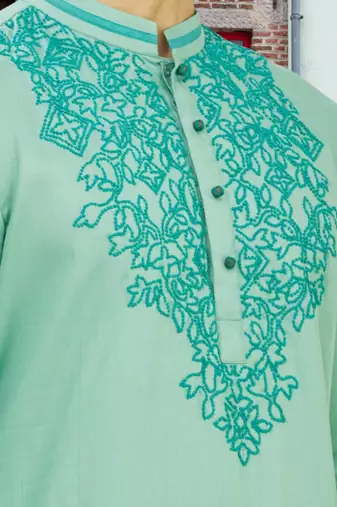 Pista green art silk embroidered kurta churidar for men's indian traditional ethnic wear