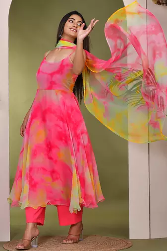 Pink & green  georgette  suit set
