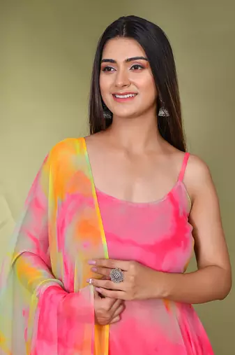 Pink & green  georgette  suit set