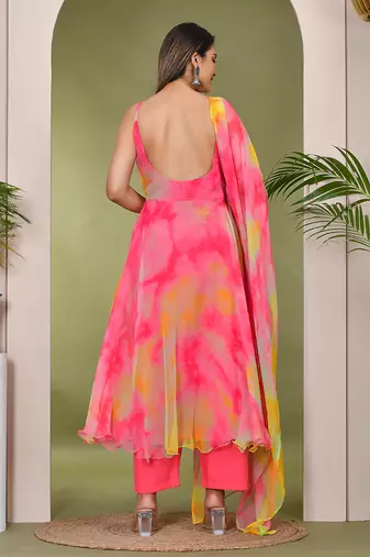 Pink & green  georgette  suit set