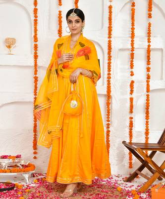 Yellow cotton silk hand painted anarkali set 1