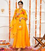 Yellow cotton silk hand painted anarkali set