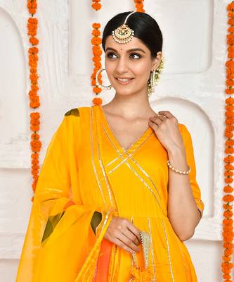 Yellow cotton silk hand painted anarkali set 2