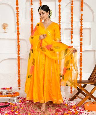 Yellow cotton silk hand painted anarkali set 3