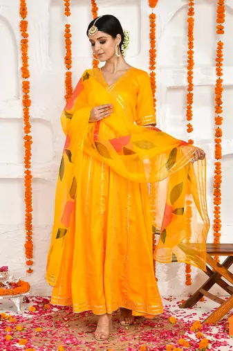 Yellow cotton silk hand painted anarkali set