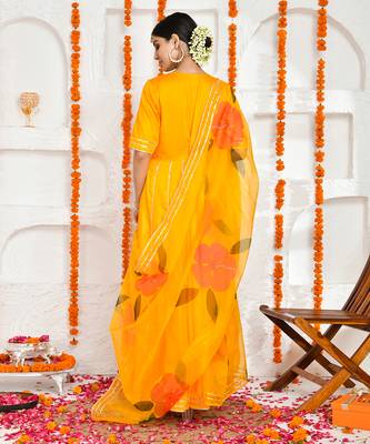 Yellow cotton silk hand painted anarkali set 4