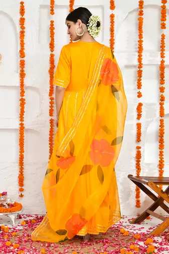 Yellow cotton silk hand painted anarkali set