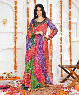 Multi colour chiffon bandhani anarkali set 1