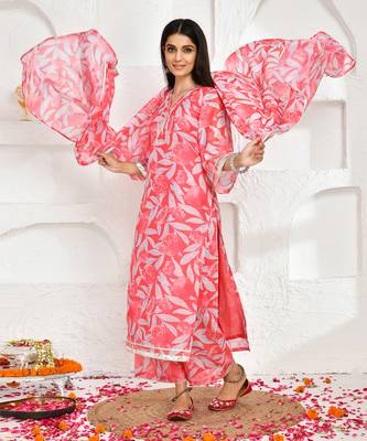 Pink printed chanderi suit set 1
