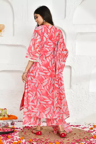 Pink printed chanderi suit set