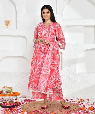 Pink printed chanderi suit set 4
