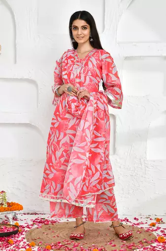 Pink printed chanderi suit set