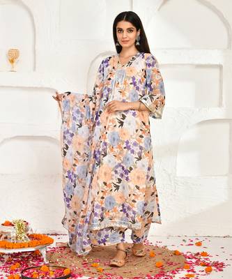Peach floral printed chanderi suit set 1