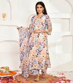 Peach floral printed chanderi suit set