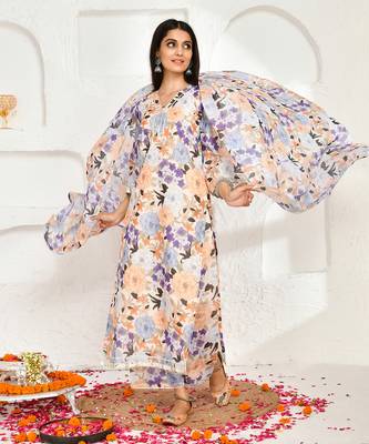 Peach floral printed chanderi suit set 2