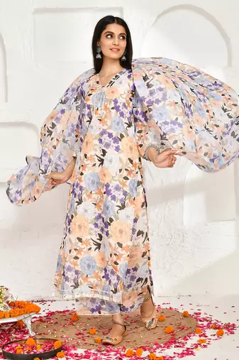 Peach floral printed chanderi suit set