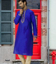 Blue art silk embroidered kurta churidar for men's indian traditional ethnic wear