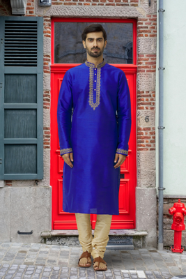 Blue art silk embroidered kurta churidar for men's indian traditional ethnic wear 1