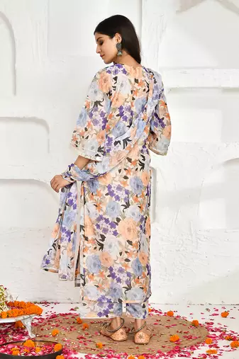 Peach floral printed chanderi suit set