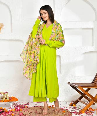 Green cotton floral printed suit set 1