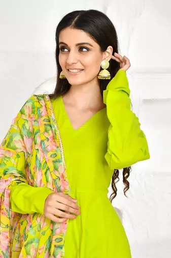 Green cotton floral printed suit set