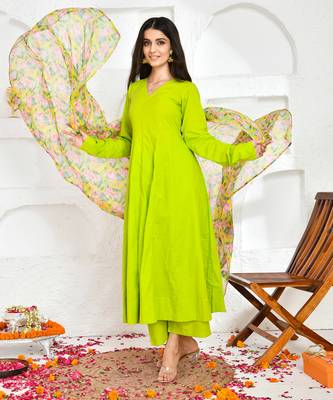 Green cotton floral printed suit set 3