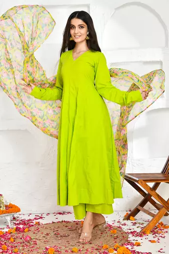Green cotton floral printed suit set