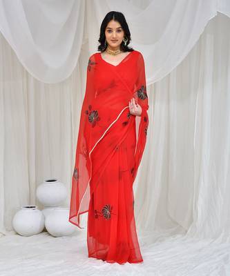 Red hand-painted & aari embroidered georgette saree with stiched blouse 1