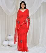 Red hand-painted & aari embroidered georgette saree with stiched blouse