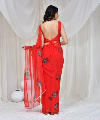 Red hand-painted & aari embroidered georgette saree with stiched blouse 3